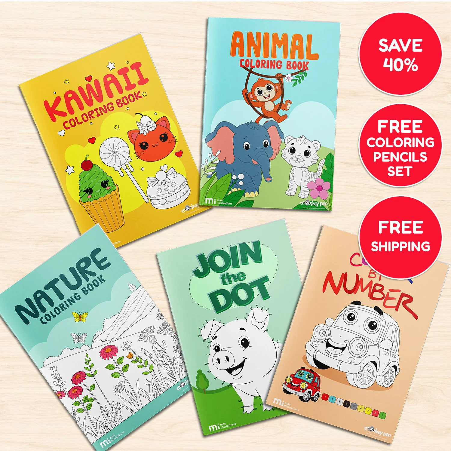 Jumbo Coloring Book Bundle - 5 Themed Printed Books + Free Coloring Pencils Set + Free Shipping - The Perfect Gift for Kids!